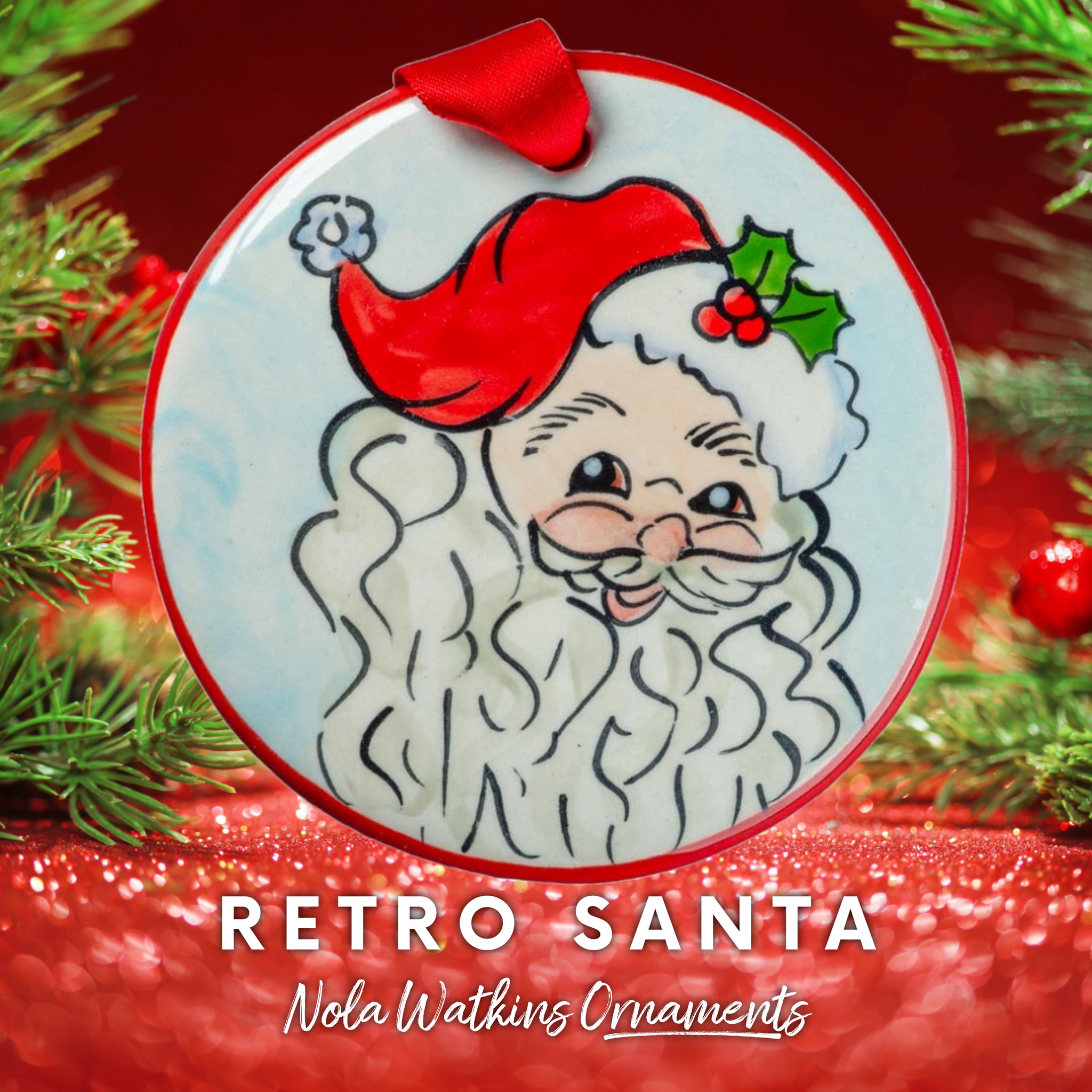 Retro Santa Red Ornament | Hand-Painted Vintage Santa | Nola Watkins