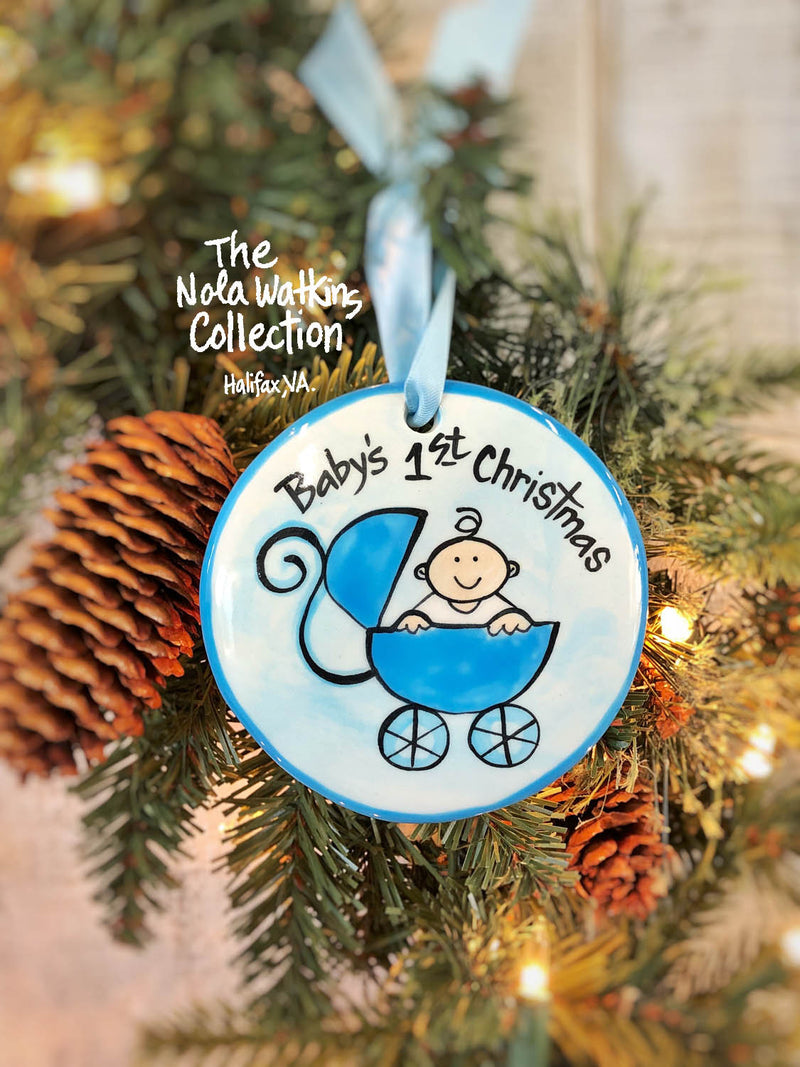 Blue Buggy Baby's 1st Christmas Handpainted Ornament - The Nola Watkins Collection