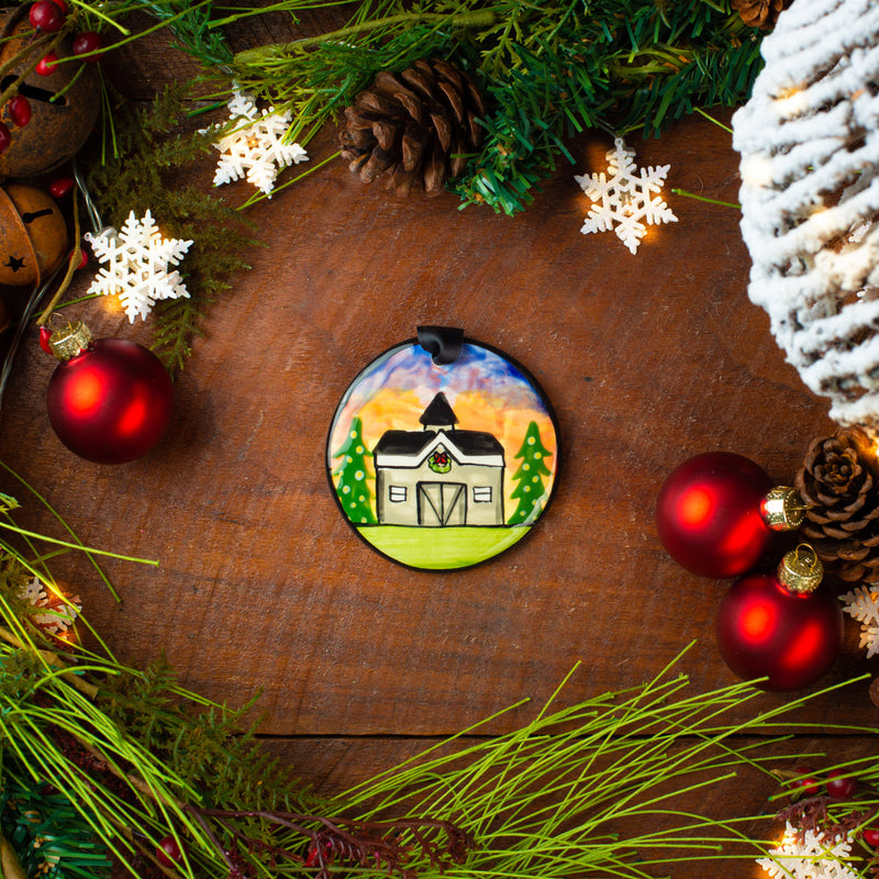 Christmas Barn Sunset Personalized Hand-painted Ornament - The Nola Watkins Collection