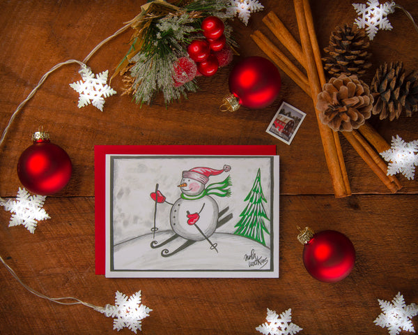 Snowman Skiing-Classic Collection- 2021 Christmas Card Pack | Blank Winter Holiday Cards - The Nola Watkins Collection