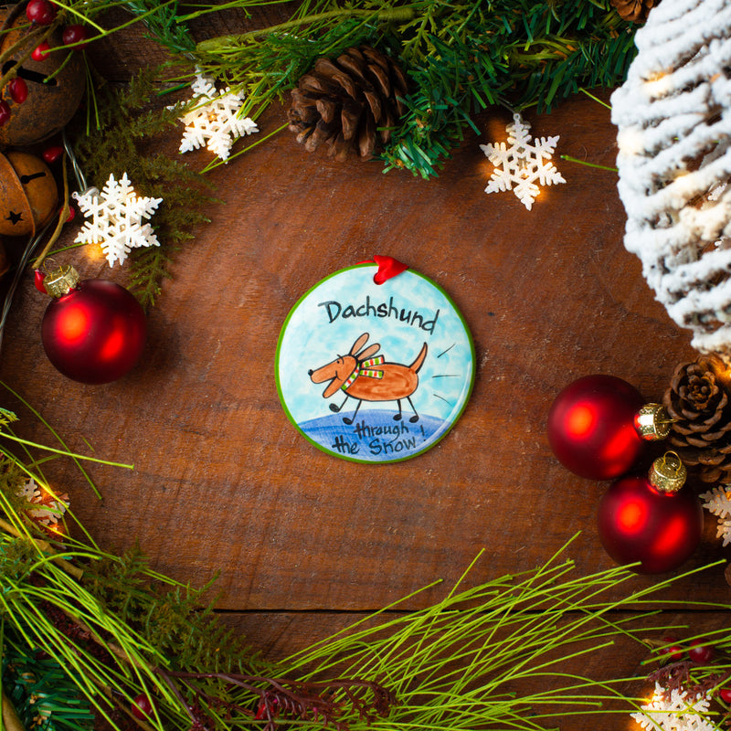 Daschund Through Snow-Personalized Hand-painted Ornament from The Nola Watkins Collection™ - The Nola Watkins Collection