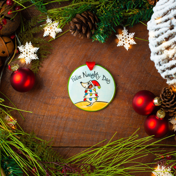 Feliz Naughty Dog- Personalized Hand-painted Ornament from The Nola Watkins Collection™ - The Nola Watkins Collection