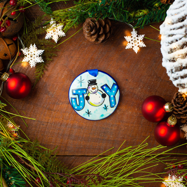Joy Snowman Blue Handpainted Ornament - The Nola Watkins Collection