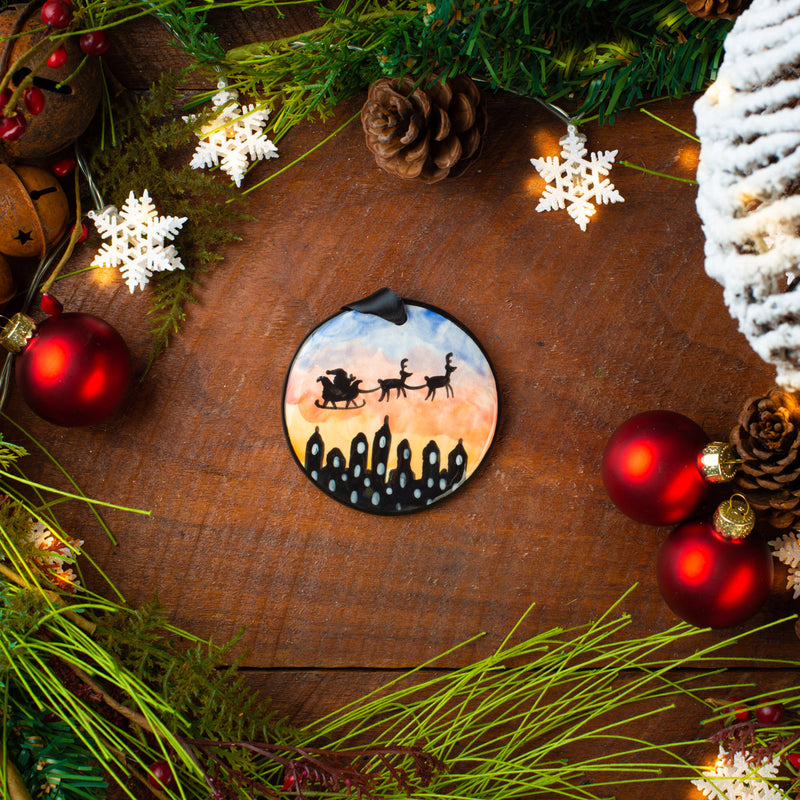 Santa Skyline Sunset Handpainted Ornament - The Nola Watkins Collection