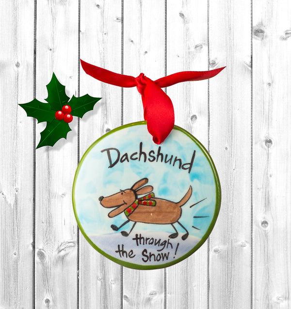 Daschund Through Snow-Personalized Hand-painted Ornament from The Nola Watkins Collection™ - The Nola Watkins Collection