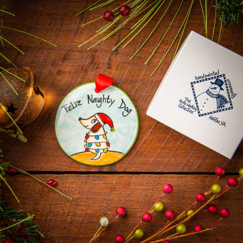 Feliz Naughty Dog- Personalized Hand-painted Ornament from The Nola Watkins Collection™ - The Nola Watkins Collection