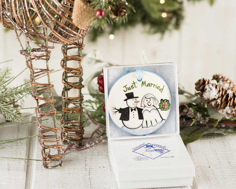 Just Married Snowcouple Handpainted Ornament - The Nola Watkins Collection