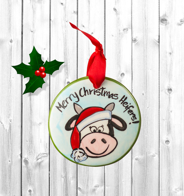 Merry Christmas Heifers-Personalized Hand-painted Ornament from The Nola Watkins Collection™ - The Nola Watkins Collection