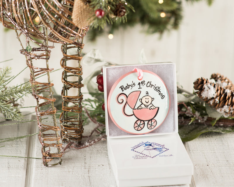Pink Buggy Baby's 1st Christmas Handpainted Ornament - The Nola Watkins Collection