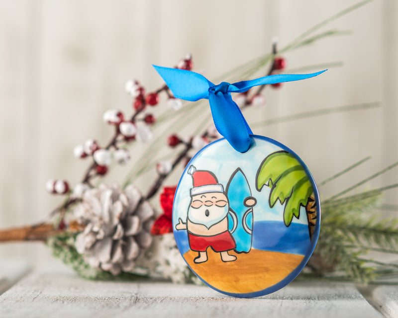 Santa Surfing Personalized Handpainted Christmas Ornament - The Nola Watkins Collection