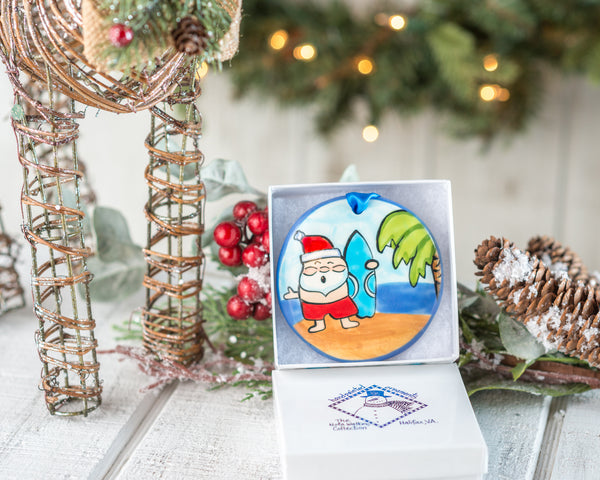 Santa Surfing Personalized Handpainted Christmas Ornament - The Nola Watkins Collection