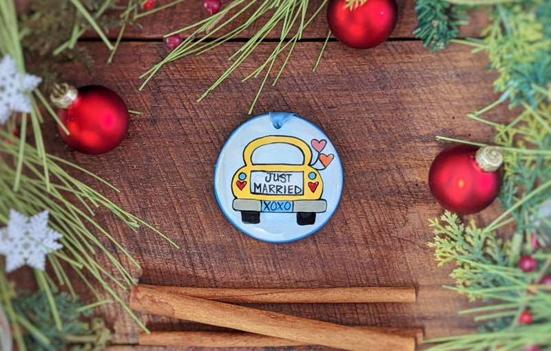 Just Married Car Handpainted Ornament - The Nola Watkins Collection